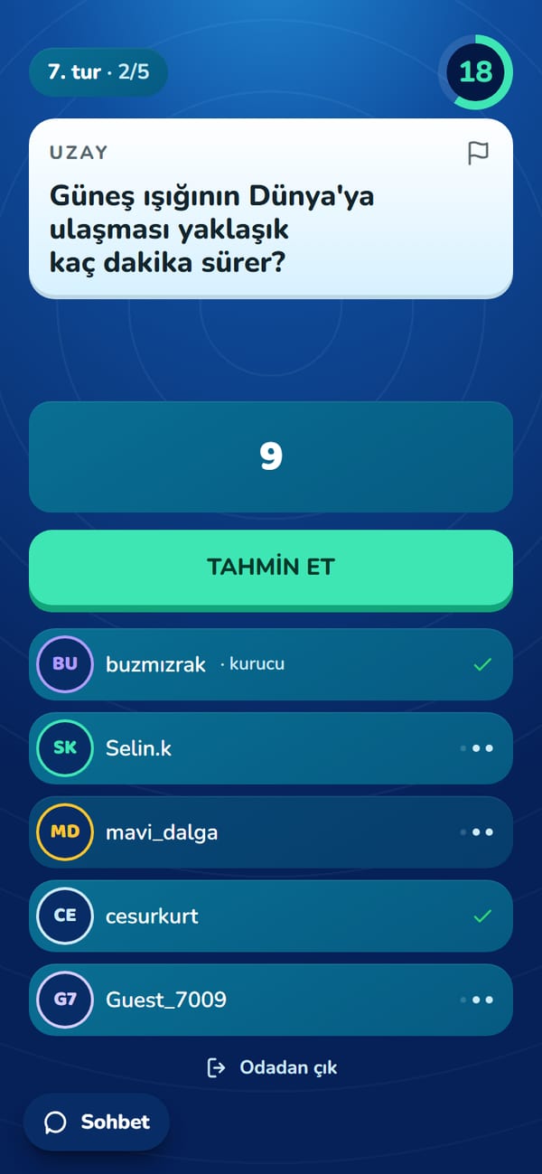 Tahmin ekranı: soru kartı, tahmin alanı ve masadaki oyuncular